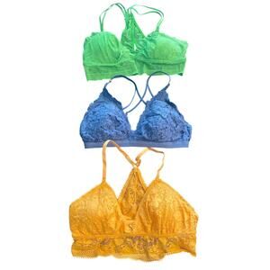 Aerie 3 Pack Lace Bralette Bundle Large Green Blue Tangerine Coquette Festival